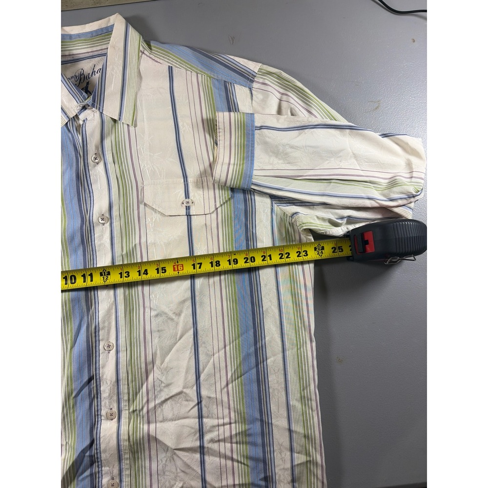 Tommy Bahama Shirt Mens Large Cream Blue Green Silk Cotton Striped Palm Jacquard - Picture 4 of 7